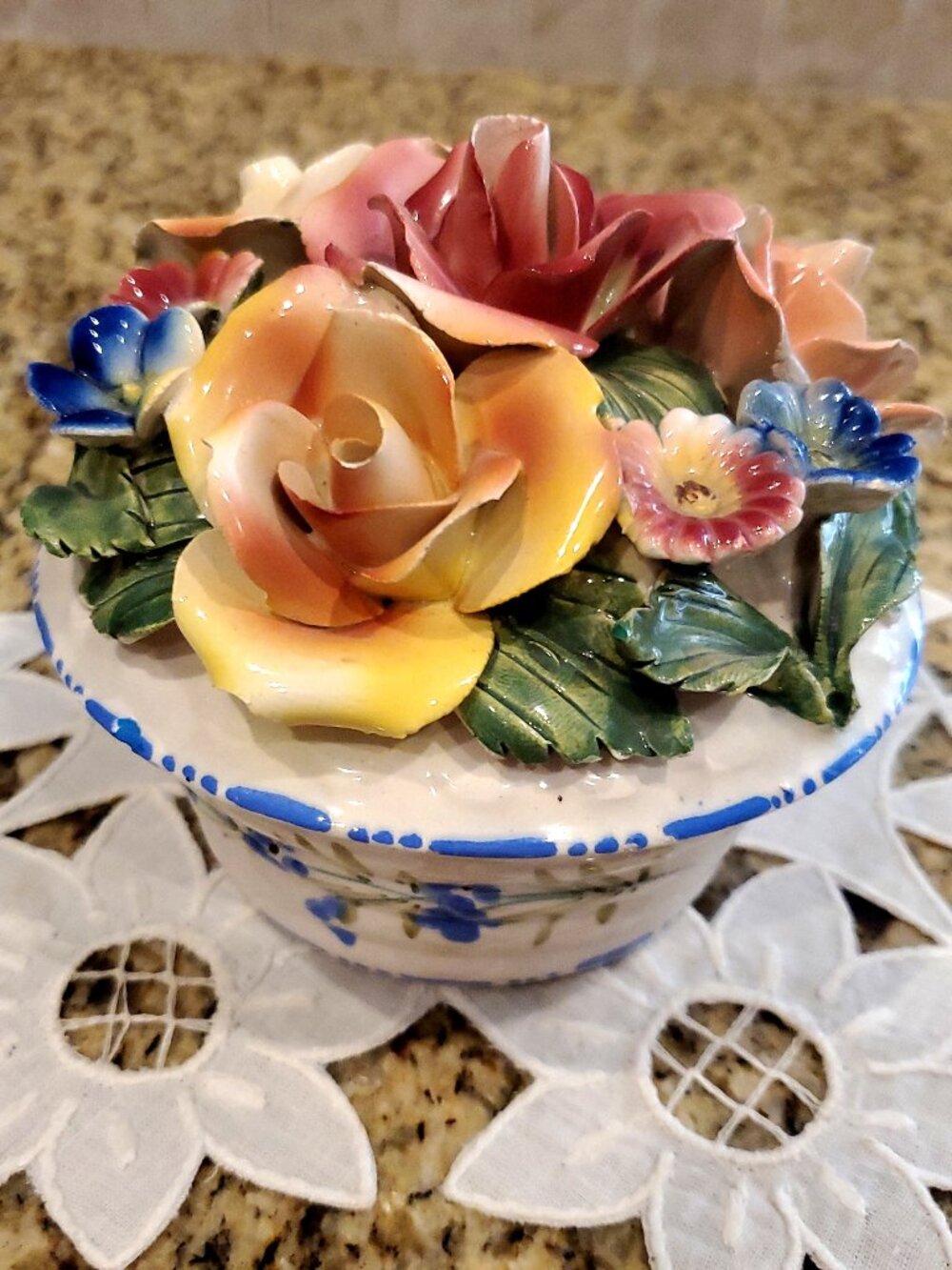 Vintage Capodimonte Porcelain Flower Trinket Round Container Box  w/Lid - ITALY